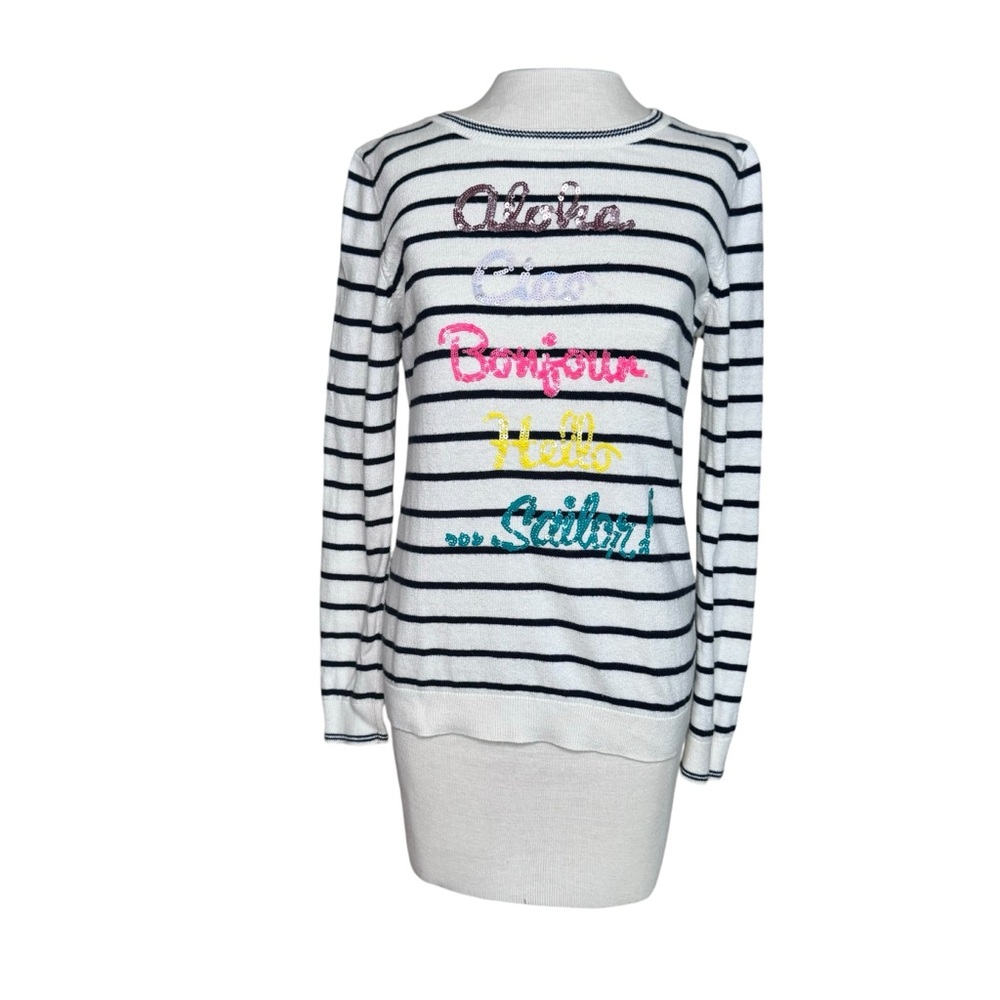 Talbots Sequins “Hello” in Different Languages White Black Stripe Sweater XS
